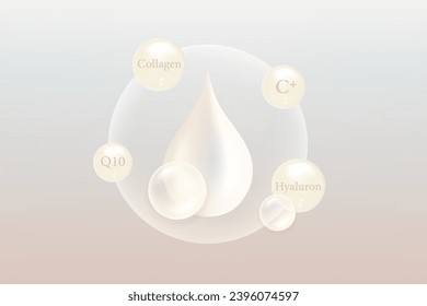 Hyaluronic acid skin solutions ad, white collagen serum drops with cosmetic advertising background ready to use, illustration vector.	