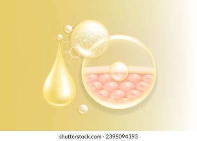 Solución cutánea de ácido hialurónico, colágeno de oro y gota sérica de vitamina con fondo publicitario estético listo para usar vector ilustrativo.	