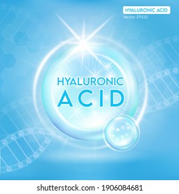 Hyaluronic acid  skin solutions, blue collagen serum drop with cosmetic advertising background. Vector EPS10