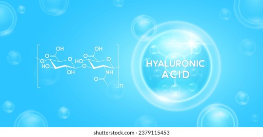 Hyaluronic acid solution blue with chemical formula structure. Vitamins complex callagen serum and moisturizer essential to the health skin care. For cosmetic beauty nutrition. Vector.