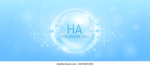 Hyaluronic acid solution in transparent hexagonal dome with surrounding molecules atom collagen blue. Banner for cosmetic products ads. Medical health care skin protection. Vector.