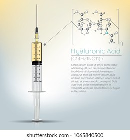 Hyaluronic acid in syringe. Chemical formula, molecule structure, medical vector illustration.