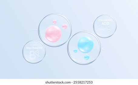 Hyaluronic acid and Vitamin B3 Niacinamide solution on glass transparent circular disc and chemical structure formula. Serum skin care face for cosmetics ads. Medical beauty science. Vector.