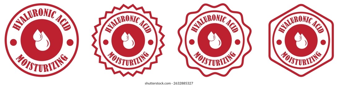 Coleção de emblemas de ziguezague de ácido hialurônico definida no fundo branco. Carimbo hidratante para produto de beleza. Emblema de ácido hialurônico para cosméticos. Projeto vetorial do emblema do logotipo da hidratação. Ilustração vetorial