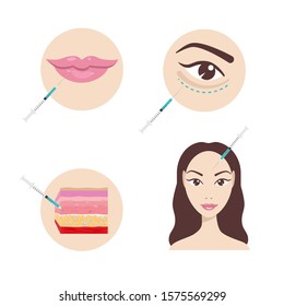 Hyaluronic injection icon set vector illustration. Hyaluronic acid facial injection, vector infographics design template. Beauty, cosmetology, anti-aging concept. Female rejuvenating mesotherapy