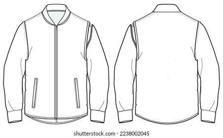 Chaqueta de bombardero híbrido con diseño de manga desmontable de dibujo plano Ilustración de la plantilla de vectores de visión frontal y trasera, Chaqueta de invierno para hombres y mujeres