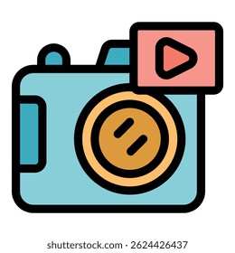 Hybrid camera capturing video footage, symbolized by a play button icon, highlighting modern multimedia creation