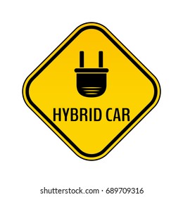 Hybrid car caution sticker. Save energy automobile warning sign. Electric plug icon in yellow and black rhombus to a vehicle glass. Vector illustration.
