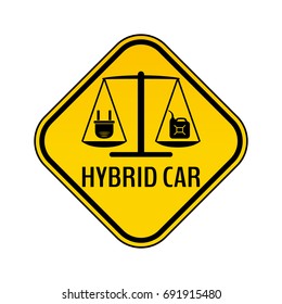 Hybrid car caution sticker. Save energy automobile warning sign. Electric plug and fuel canister icon in yellow and black rhombus to a vehicle glass. Vector illustration.