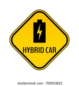 Hybrid car caution sticker. Save energy automobile warning sign. Charging battery icon in yellow and black rhombus to a vehicle glass. Vector illustration.