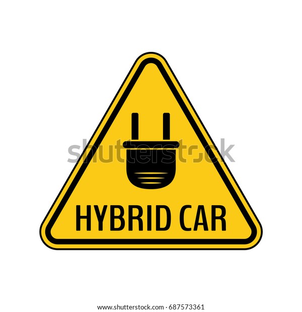 Hybrid car caution sticker. Save energy\
automobile warning sign. Electric plug icon in yellow and black\
triangle to a vehicle glass. Vector\
illustration.