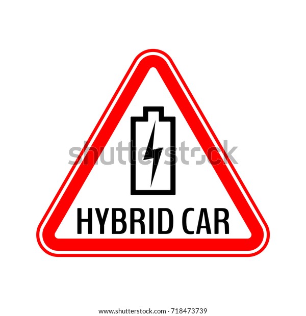 Hybrid car caution sticker. Save energy\
automobile warning sign. Charging battery contour icon in red\
triangle to a vehicle glass. Vector\
illustration.