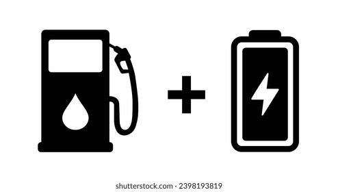 Hybrid Car Icon. Plug-in Hybrid Electric Vehicle. PHEV Car Icon. Electric Energy And Fuel Engine. Gas Station And Electrical Car Charger Sign. Vector Illustration