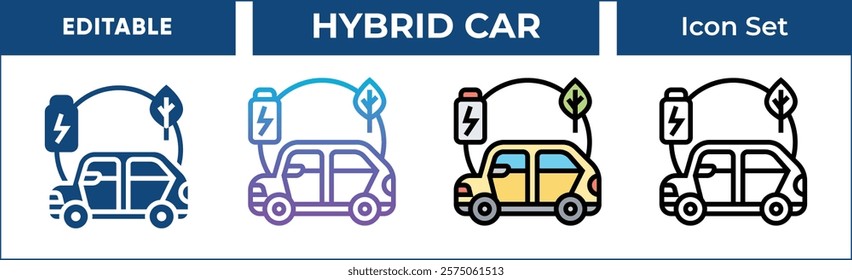 Hybrid Car Icon Set. Features editable icons for eco-friendly vehicles, green technology, and sustainable transportation. Perfect for automotive websites, eco-conscious businesses, and presentations.