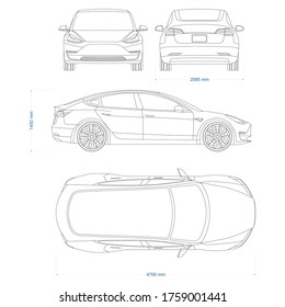 Hybrid car vector template  Electric car blueprint  Compact sedan car white background  Mockup template for branding  Blank vehicle branding mockup 