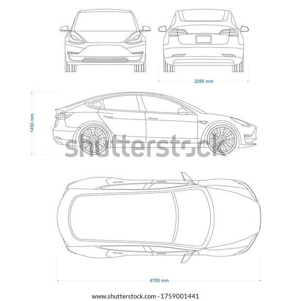 Hybrid car vector template. Electric car
blueprint. Compact sedan car on white background. Mockup template
for branding. Blank vehicle branding
mockup.