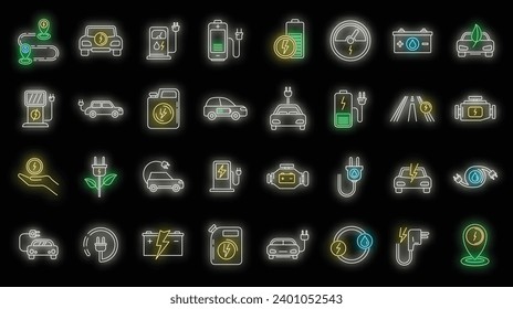 Hybrid charge icons set. Outline set of hybrid charge vector icons neon color on black