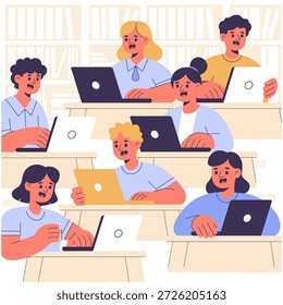 Cena de sala de aula híbrida com personagens amigáveis e simplificados envolvidos em ambas as atividades de aprendizagem digital.