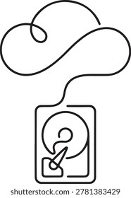 Hybrid Cloud Backup Concept: One Line Vector of Hard Drive Disk HDD Connected to Digital Cloud Sync