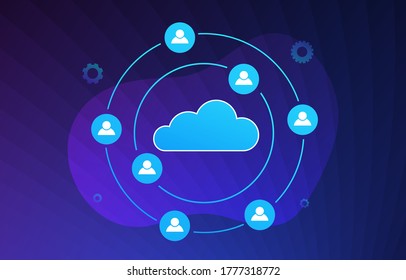 Hybrid Cloud Collaboration Illustration Concept. Remote Online Business Technology, Teamwork Communication, Wireless And Online Computing. Cloud Collaboration Management, Cooperative Storage Cloud