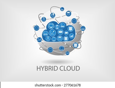 Hybrid Cloud Computing Vector Icon Symbol. Blue And Grey Globe With Blurred Background.