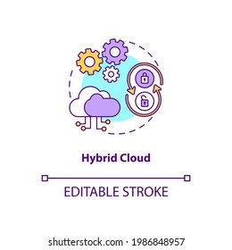 Hybrid cloud concept icon. SaaS deployment model idea thin line illustration. Scaling computing resources. Providing cloud resources. Vector isolated outline RGB color drawing. Editable stroke