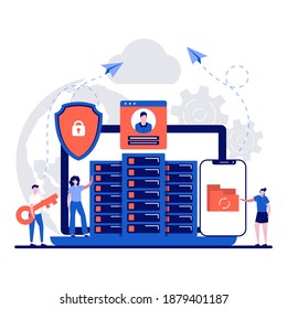 Hybrid Cloud Concept With Tiny Character. Private And Public Cloud Flat Vector Illustration. Infrastructure, Personal Data Protection, GDPR, Modern Operating Systems Metaphor.Can Use For Landing Page.