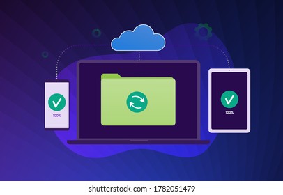 Hybrid Cloud Data Backup Sync flat vector modern illustration. Cloud computing Storage Network Connected and synchronizing all devices, upload and download private and secure personal information