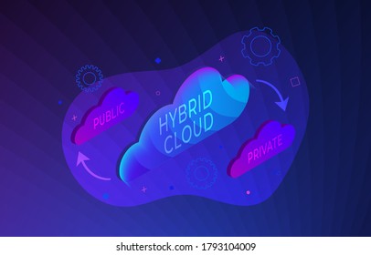 Hybrid Cloud Vector Concept Illustration. A Combination Of Related Private Storage And Hybrid Public Clouds For Business And Computing IT Infrastructure.