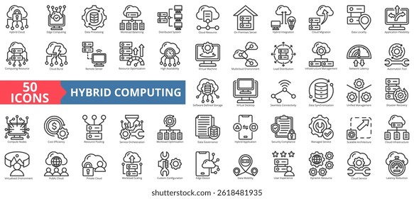 Hybrid computing icon collection set. Containing data processing, workload balancing, distributed system, cloud resource, hybrid integration, remote server icon. Simple outline vector illustration.