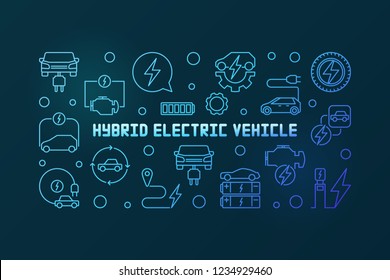 Hybrid electric vehicle blue horizontal outline banner - vector Hybrid EV concept linear illustration on dark background