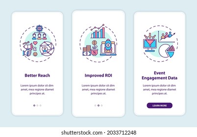 Hybrid Event Benefits Onboarding Mobile App Page Screen With Concepts. Improved ROI, Better Reach Walkthrough 3 Steps Graphic Instructions. UI, UX, GUI Vector Template With Linear Color Illustrations