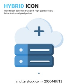 Vector de icono híbrido con estilo de color plano aislado en fondo blanco. Base de datos en la nube de ilustraciones vectoriales, concepto de icono de símbolo de signo de servidor para TI digital, industria, tecnología, aplicación, web y proyecto