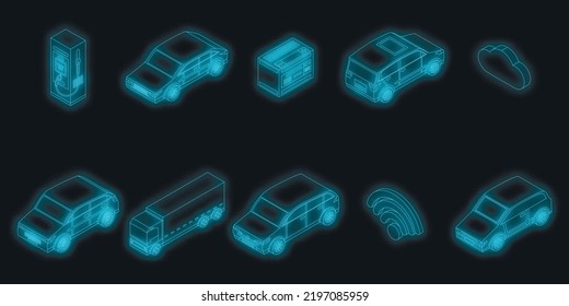 Hybrid icons set. Isometric set of hybrid vector icons neon color on black