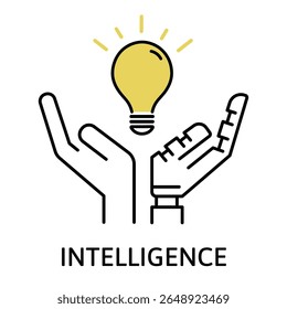 Manos humanas y robóticas sosteniendo una bombilla, simbolizando la IA y la colaboración humana, la innovación y el pensamiento inteligente, la Ilustración vectorial