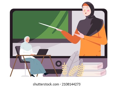 Hybrid learning online study teacher in screen with student wearing veil hijab scarf digital school 