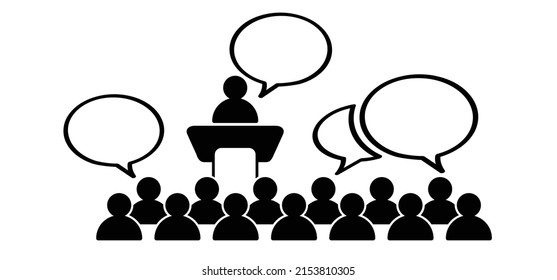 Hybrid, Lecture At A Desk. Lectern Podium Icon. Speaker Giving A Talk Meeting On Corporate Business Congress. Stickman Or Stick Figure Man With Speech Bubble. Training Class, Meeting Presentation. 