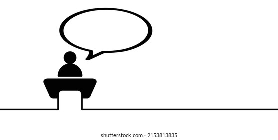 Hybrid, Lecture At A Desk. Lectern Podium Icon. Speaker Giving A Talk Meeting On Corporate Business Congress. Stickman Or Stick Figure Man With Speech Bubble. Training Class, Meeting Presentation. 