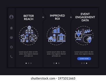 Hybrid Meeting Advantages Onboarding Vector Template. Responsive Mobile Website With Icons. Web Page Walkthrough 3 Step Screens. Event Engagement Data Night Mode Concept With Linear Illustrations