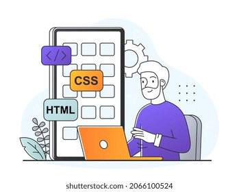 Hybrid mobile app concept. Man sitting at laptop and developing program using various systems. Interface for digital product. Character at work. Cartoon contemporary flat vector illustration