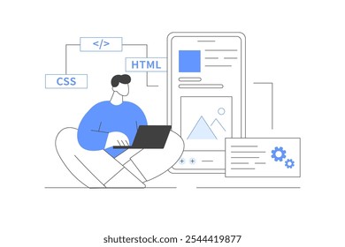 Hybrid mobile App Development. Web developer programmer technology. Flat Cartoon Vector Illustration, icon. Stylish, Minimalist Modern Abstract