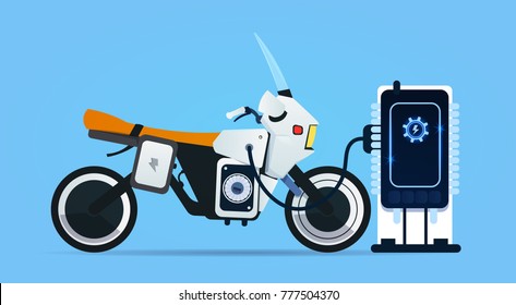 Hybrid Motor Bike Charging At Electric Charge Station Modern Motorcycle Concept Flat Vector Illustration