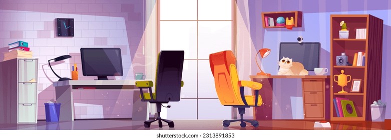 Diseño de interiores de oficina híbrida para ilustración de vector de trabajo a distancia flexible. Mobiliario de trabajo para empleados en línea en casa y ubicación de la empresa para el horario. Solución Webcam para conferencia de negocios