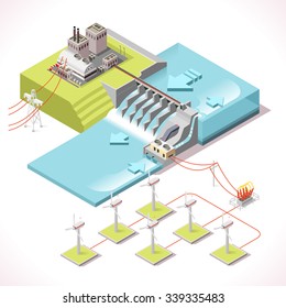 Hybrid Power Systems Hydroelectric Plant and Windmill Factory. Isometric Electric Power Station Electricity Grid and Energy Supply Chain.Harvesting Saving Management Diagram Vector Isometric Building