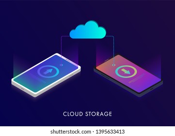 Hybrid, Public and Private Cloud computing storage, data transfers on Internet from mobile phone gadget to another phones. Isometric network cloud 3D flat design concept