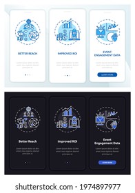 Hybrid session benefits onboarding mobile app page screen with concepts. Improved ROI walkthrough 3 steps graphic instructions. UI, UX, GUI vector template with linear night and day mode illustrations