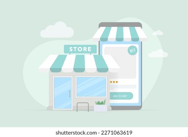 Hybrid shopping concept - customers make purchases both in physical retail and online store. Offline mole building and smartphone displaying open product card page. For e-commerce, retail visuals