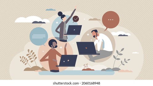 Hybrid team colleagues with distant online video call tiny person concept. Business project meeting using online messaging for distant work vector illustration. Flexible job workspace location choice.