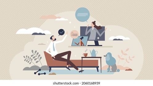 Hybrid team with work from home of office combination tiny person concept. Flexible structure for workspace and distant online job opportunity vector illustration. Video call for effective business.