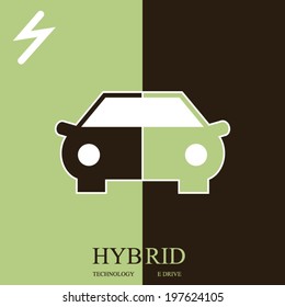 Hybrid technology poster with concept electric drive car and lightning bolt icon illustration